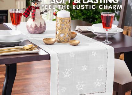 Embroidered Snowflake Hemstitch Table Runner in White by Brio Trends