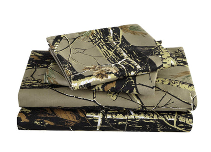 Chezmoi Collection Salem 4-Piece Cabin Lodge Forest Woods Sheet Set - Nature Camo Tree Leaves Printed Soft Microfiber Sheets - Full, Natural