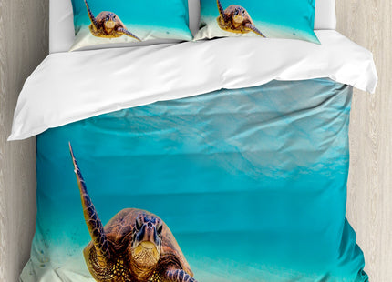 Ambesonne Hawaiian Duvet Cover Set, Underwater Scuba Diving Sea Turtle Nature Animal Swimming Wildlife Theme, Decorative 3 Piece Bedding Set with 2 Pillow Shams, King Size, Beige Brown