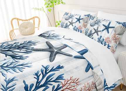 QOOMO Coastal 7 Pieces Comforter Set Full Size,Coral Starfish Bedding Set