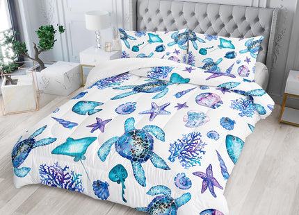 XYNHML Blue Sea Turtle Comforter 3Pcs Ocean Bedding Set Full Coral Starfish Shell Fish Bedding Set for Kid Teen Girl Boy Adult Bed Decor Conch Manta Ray Quilt with 1 Comforter and 2 Pillowcases