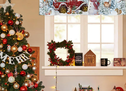 Christmas Snowman Valance Curtains for Kitchen Window 54" W x 18" L, Red Truck Xmas Tree Rod Pocket Small Curtain for Living Room Winter Robin Bird Deer Pine Valances for Windows/Bathroom/Bedroom