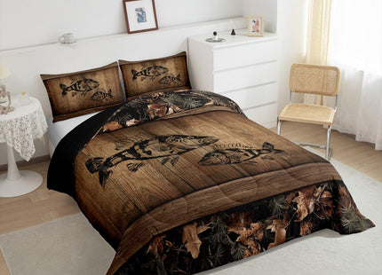 Erosebridal Camo Bass Fish Bedding Comforter Sets Fishing Bass Big Fish Bedding Set Queen Rustic Farmhouse Lake House Comforter Set for Boys Men Fisherman,Retro Tree Camouflage Cabin Quilt Set