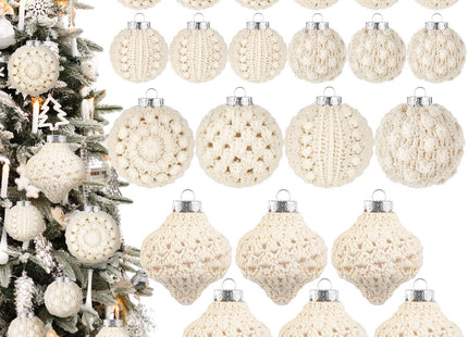 Syhood 24 Pcs Crochet Christmas Ornaments 5 Styles 2.36" 3.15" Handmade Crochet Knitted Christmas Pinecone Ball Ornaments for Xmas Tree Party Decoration Supplies (Warm White)