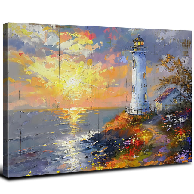 Coastal Wall Art Lighthouse Decor Beach Bathroom Decor Nature Ocean Landscape Canvas Prints Pictures Modern Nautical Seascape Painting Artwork for Kitchen Bedroom Living Room Home Decoration 12x16"