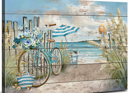 Beach Wall Art Seaside Bicycle Canvas Prints Pictures for Bathroom Decor Ocean Coastal Landscape Wall Decor Nautical Blue Seascape Painting Artwork for Kitchen Living Room Home Decoration 24x36"