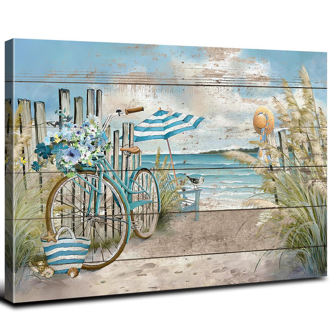 Beach Wall Art Seaside Bicycle Canvas Prints Pictures for Bathroom Decor Ocean Coastal Landscape Wall Decor Nautical Blue Seascape Painting Artwork for Kitchen Living Room Home Decoration 24x36"