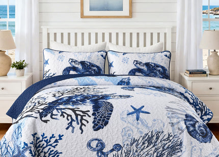 DJY Ocean Coastal Quilt Queen Size, 3 Pcs Sea Turtle Bedspread Bedding Set