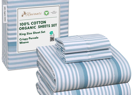 RUVANTI 100% Cotton Organic Percale King Sheets, Nautical Stripes