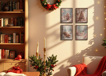 DOFQZ Pink Christmas Tree Santa Deer Wall Art Prints 8x10 Set of 4