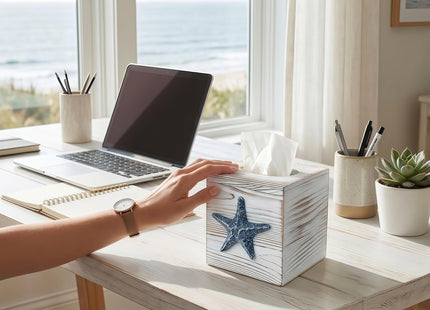 Ovimyne Coastal Tissue Box Cover Wooden Retro with Sliding Bottom Panel Beach Decor for Bathroom Bedroom Living Room,Starfish Decor Suitable for Coastal Gifts Beach House Gifts
