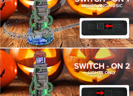 FG Square Lighthouse Attack Kraken Theme Spooky Halloween Village Multi-Color LED Lights, Animated Rotating Food Light and Music 6" x 5.5" x 12"