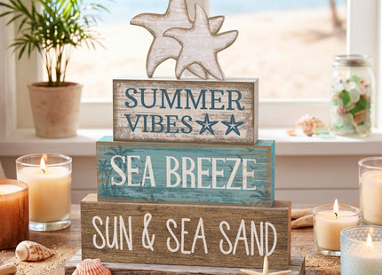 Yuntau 4 Pcs Summer Beach Decorations for Home Beach Tiered Tray Decor Starfish Coastal Rustic Starfish Wooden Block Table Sign Stacked Book Nautical Table Centerpiece for Farmhouse Office Desk Shelf