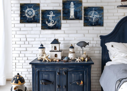 KLVOS Nautical Canvas Wall Art Navy Blue Boat Anchor Paintings Helm Drawing Compass Lighthouse Rustic Style Beach Home Decor Ready to Hang for Bathroom Living Room 12x12 Inchx4 Panels