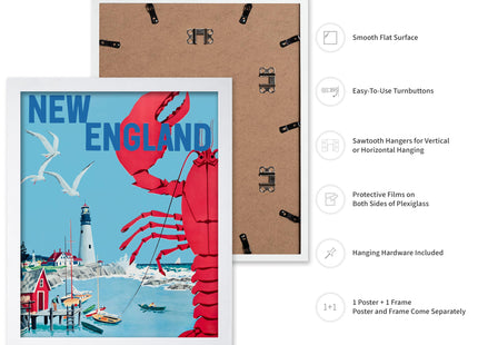 Poster Master Travel Poster - Tourism Print - New England, Lighthouse, Beach, Giant Crab Lobster, Seagulls, Sailboats - Gift for Artist, Friend - Wall Decor for Home, Office, 16x20 White Framed