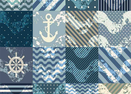 Ambesonne Nautical Duvet Cover Set, Marine Theme Wave Patterns in Patchwork Style Boxes Squares Striped Anchor Print, Decorative 3 Piece Bedding Set with 2 Pillow Shams, King Size, Blue Beige