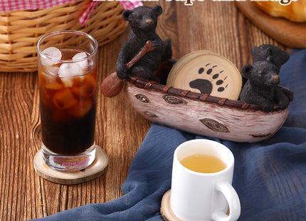 Briwooody 4 Pcs Black Bear Coaster Set with Canoe Holder, Wood for Home