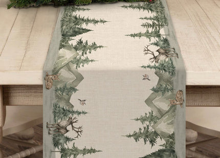Seliem Winter Forest Reindeer Pine Tree Table Runner, Christmas Elk