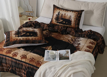 Castle Fairy Bear Print Full Size Comforter Set,Wild Animal Hunt Pine Trees Retro Bedding Comforters Bedroom Collection,Rustic Grid Plaid Cabin Decor Bedding Set for Girls Teens