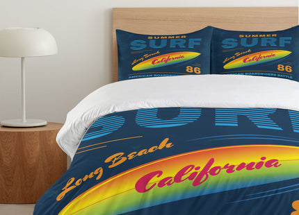 Ambesonne Surf Duvet Cover Set, American Boardriders Long Beach Sun Standing in Ocean Waves Illustration, Decorative 2 Piece Bedding Set with 1 Pillow Sham, Twin Size, Marigold Blue