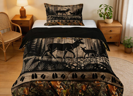 Feelyou Farmhouse Deer Bedding Set Soft for Boys Girls, Camo Woodland Hunting Comforter Set Toddler Size Rustic Cabin Duvet Quilt Microfiber Wildlife Animal Bedroom Decor 2 Pcs with 1 Pillow Cases