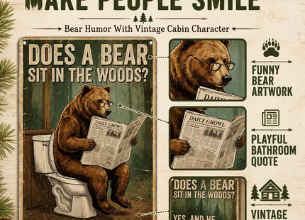 macago Cabin Bathroom Decor Funny Bear Outhouse Sign Wall Art