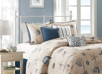 Madison Park Cotton Coastal Starfish Blue Queen Comforter Set, 7pc