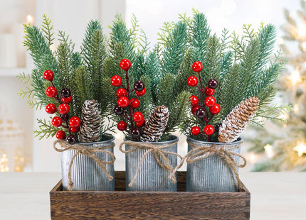 Winlyn Christmas Farmhouse Centerpiece Rustic Wood Tray 3 Galvanized Pots with Artificial Pine Cedar Red Berry Snowy Pinecone Christmas Arrangement Table Decoration for Holiday Home Kitchen Mantel