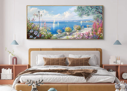 Oversized French Coastal Flower Sailboat Canvas Wall Art Framed Pastel