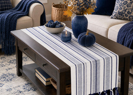 Blue and White Table Runner 36 inch, Small Navy Blue Coastal Dresser Scarf