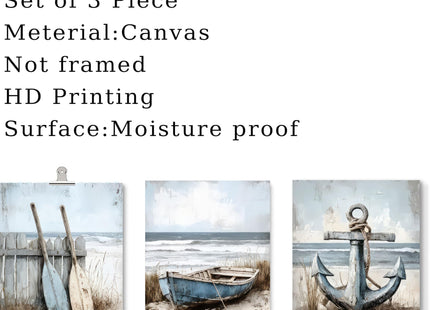 3Pcs Nautical Beach Wall Art Sailboat Paddle And Anchor Paintings Pictures Wall Decor Nautical Posters Prints Artwork Suitable for Living Room Bedroom Home Office Corridor Home Decroation