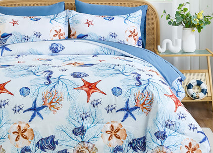 Coastal Queen Comforter Set,7 Pieces Beach Themed Sand Dollor & Starfish