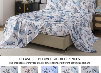 FADFAY Twin XL Sheet Set 4 Pieces, 100% Cotton Coastal Sea Turtle Bed Sheets, Soft Breathable College Bedding, Deep Pocket Fitted Sheet, Blue White Nautical Ocean Coral Seaweed Sheets for Dorm Room