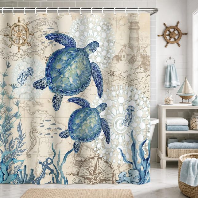 ZCHOMI Nautical Sea Turtle Shower Curtain Vintage Coastal World Map Lighthouse Compass Blue Ocean Bathroom Decor Waterproof Fabric Bath Curtain 72 x 72 Inch with 12 Hooks