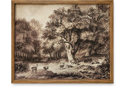 RunRRIn Deer in Forest Landscape Wall Art, Oak-Framed Canvas Print, 8x10