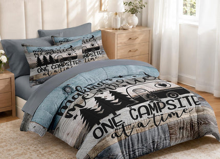 Zzzboro 7 Piece Comforter Set Queen Size,Camping Camper Rv Bedding Set with Fitted Sheet 2 Pillowcases & 2 Shams Forest Mountain Bed in a Bag for Kids and Adults