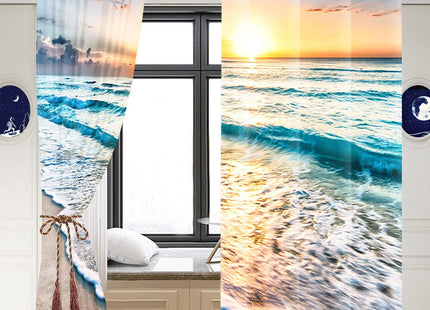 Renaiss Sea Sand Beach Window Curtains Sunset Clouds Blue Seashore Coastal Ocean Printing Window Treatment Darkening Privacy Blackout Durable Drapes for Bedroom Living Room Decor 21x45 Inch x 2 Panels