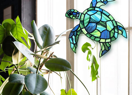 Sea Turtle Suncatcher Decor, Sea Turtles Stained Glass Window Hanging for Turtle Lovers, Wall Decor for Indoor Outdoor.