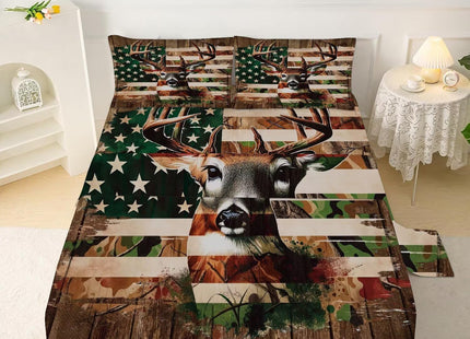 kxry Elk USA American Flag Camo Hunter Fitted Sheet Sets Twin Size for Kids Hunting Woodland Moose Wildlife Forest Deer Bedding Set with 1 Fitted Sheet + 1 Flat Sheet + 1 Pillow Case