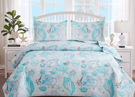 Hailea Beach Quilt Set King Size Coastal Bedding Lightweight Reversible Quilts Nautical Bedspreads Beach Theme Coverlet Set Conch Coral Shell Printed Comforter Set with 2 Pillow Shams