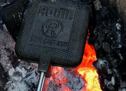 ROME Square Cast Iron Pie Iron Sandwich Cooker For Campfire Fire Pit and BBQ Use, Original Iconic Design, 28" Long With Steel Rods and Wood Handles #1705
