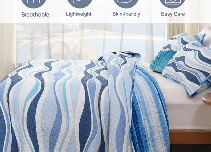DJY Coastal Quilt King Size, 3 Pcs Ocean Blue Theme Bedspread Bedding Set