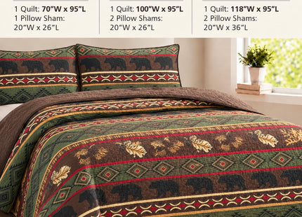 Rugs 4 Less Western Brown Quilt Set with Grizzly Bears and Pinecone Prints, Queen (3 Piece - Quilt and 2 Pillow Shams), 100% Polyester, Microfiber, Machine Washable