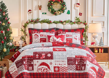 Christmas Patchwork Quilt Set Queen Size 88x88 Red Black Plaid with White Santa Claus Deer Tree SnowflakeChristmas New Year Style Microfiber Winter Warm Bedding Coverlet Bedspread Holiday Design