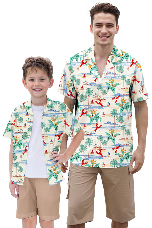 SANGTREE Mens Hawaiian Shirt Button Down Shirts,Beige Lobster,Small