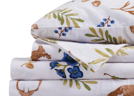 Market & Place 100% Cotton Queen Flannel Sheet Set | 4 Piece Deep Pocket Novelty Cozy Winter Bed Sheets | Double Brushed for Extra Softness & Comfort | Alpine Collection (Queen, Woodland Forest)