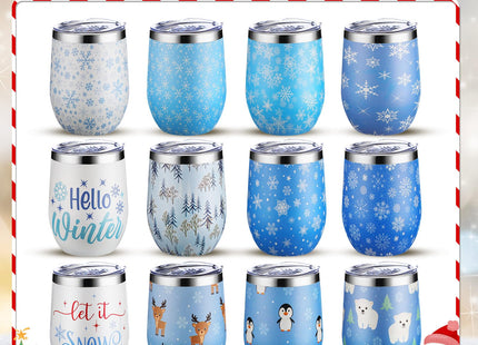 meekoo 12 Sets Christmas Wine Tumbler, Blue Snowflake Insulated Coffee Mug