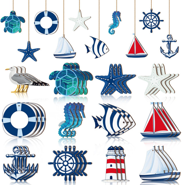 Tradder 36 Pcs Beach Wooden Ornaments for Tree Nautical Hanging Decorations Wood Beach Tree Ornaments Mini Anchor Sea Life Starfish Sailboat Coastal Decor for Summer Home Fishing Net Craft Sailor Gift