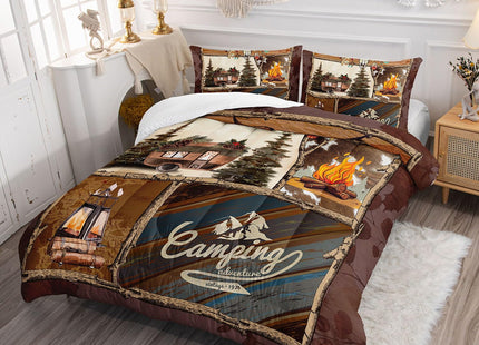 Smell Sunshine Camping Cabin Comforter Set for Kids Teens,Outdoor Adventure Campfire Comforter Set with 1 Comforter and 2 Pillowcases for Teens and Boys Bedroom All Season(Camping Cabin Twin)
