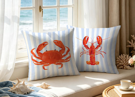 Exqcom Coastal Red Crab Lobster Pillow Covers 18x18 Set of 2, Blue and White Striped Coastal Nautical Crab Throw Pillow Covers for Bedroom Beach House Home, Preppy Beach Room Decor